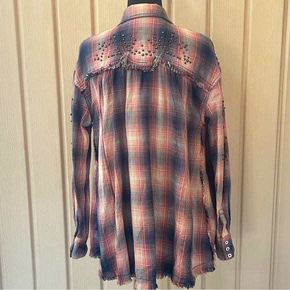 Free People • Take Me On Studded Plaid Fringe Button Down Long Sleeve Shirt XS - Picture 3 of 15